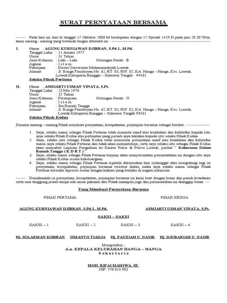 contoh surat pernyataan kerja, perjanjian, kesanggupan, cerai, hutang, belum menikah, pernyataan orang tua, bebas narkoba, dsb. Kesepakatan Bersama Contoh Surat Perjanjian Kesepakatan Suami Istri Nusagates