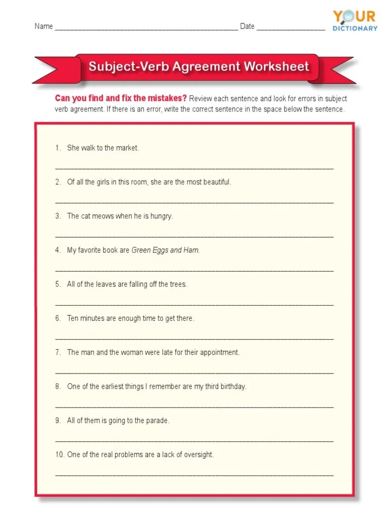 Subject verb agreement worksheet middle high school