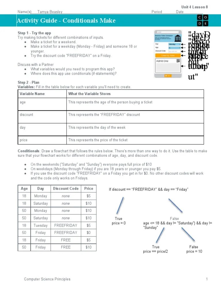 Activity Guide - Conditionals Make - Unit 4 Lesson 8 | PDF | Workweek ...