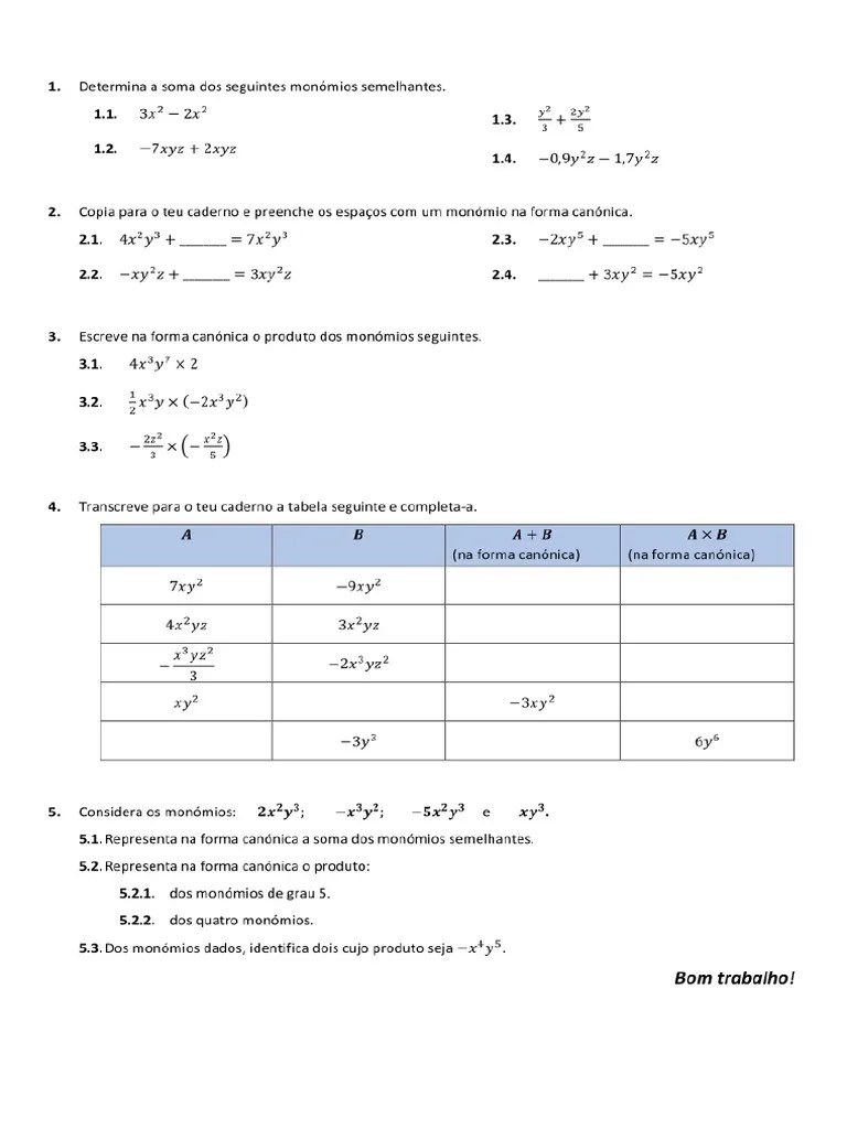 Ficha Matematica 8 Ano Monomios E Polinomios | PDF