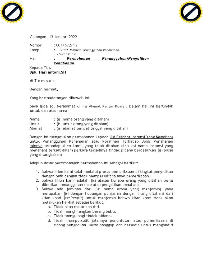 Permohonan Penangguhan Atau Pengalihan Penahanan | PDF