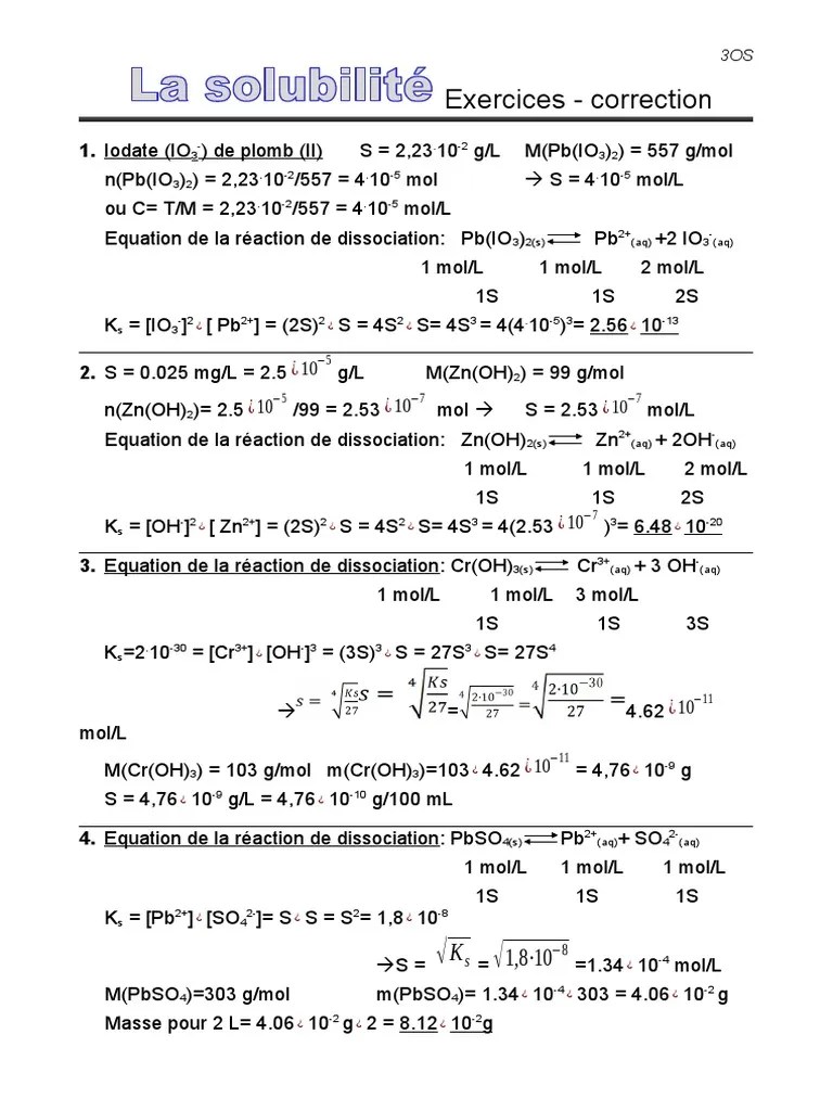 La Solubilite - Exercices - Eleves - Correction - 2017 | PDF | Chemical Compounds | Chemical ...