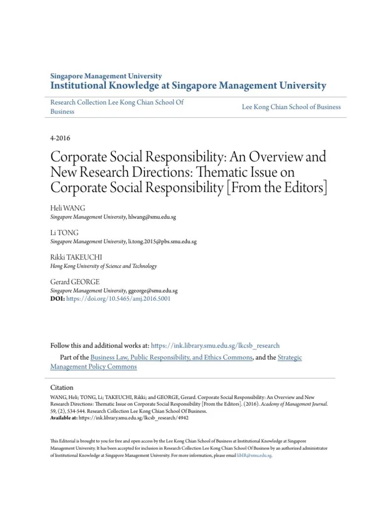 Corporate Social Responsibility - An Overview And New Research Dir | PDF | Corporate Social ...