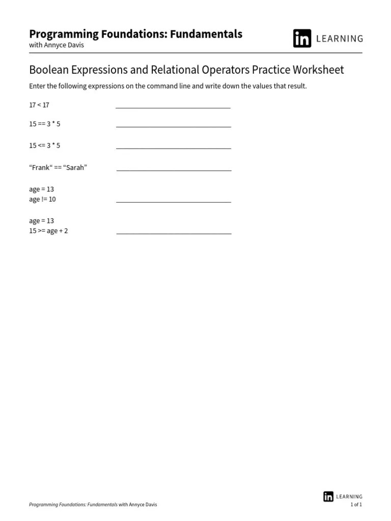 Boolean Expressions And Relational Operators Practice Worksheet | PDF