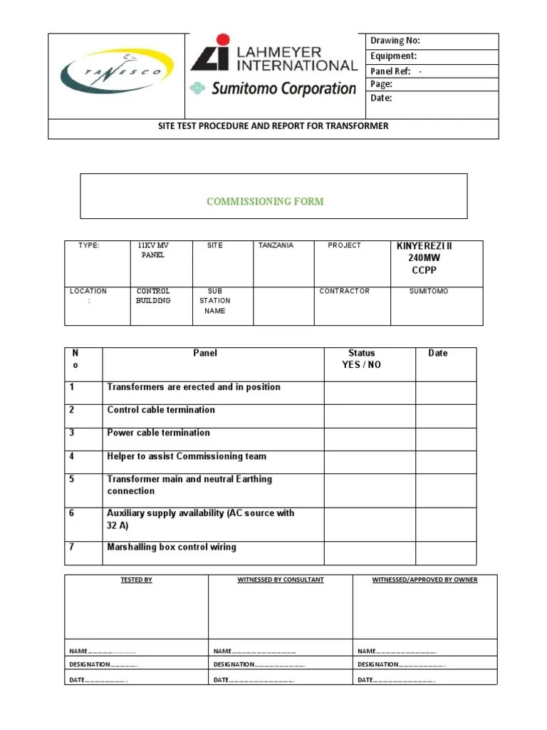 Site Test Procedure And Report For Transformer: Commissioning Form | PDF | Transformer | Metrology