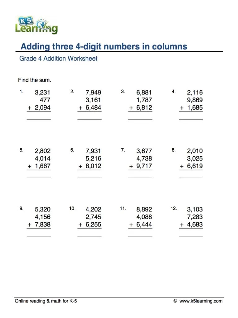 Grade 4 addition worksheet