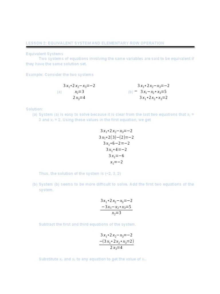 Module 1 Lesson 2 - Equivalent Systems Elementary Row Operations | PDF ...