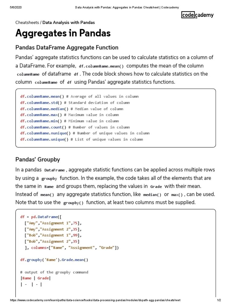 Data Analysis With Pandas - Aggregates In Pandas Cheatsheet ...