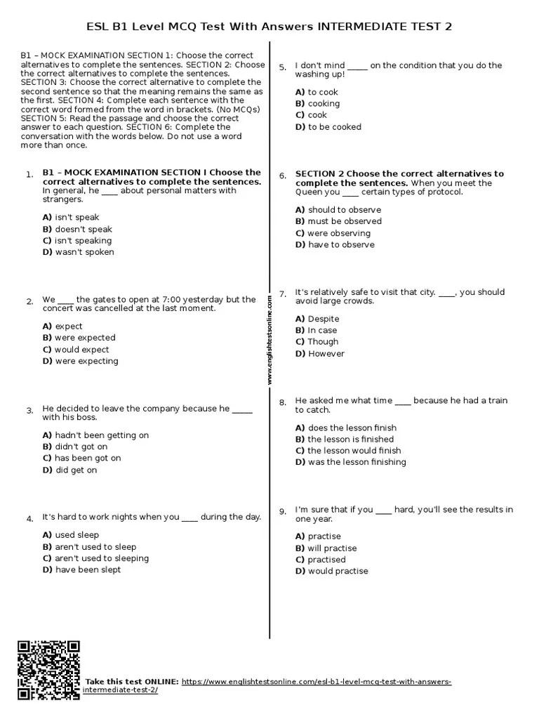681 Esl B1 Level MCQ Test With Answers Intermediate Test 2 | PDF | Multiple Choice