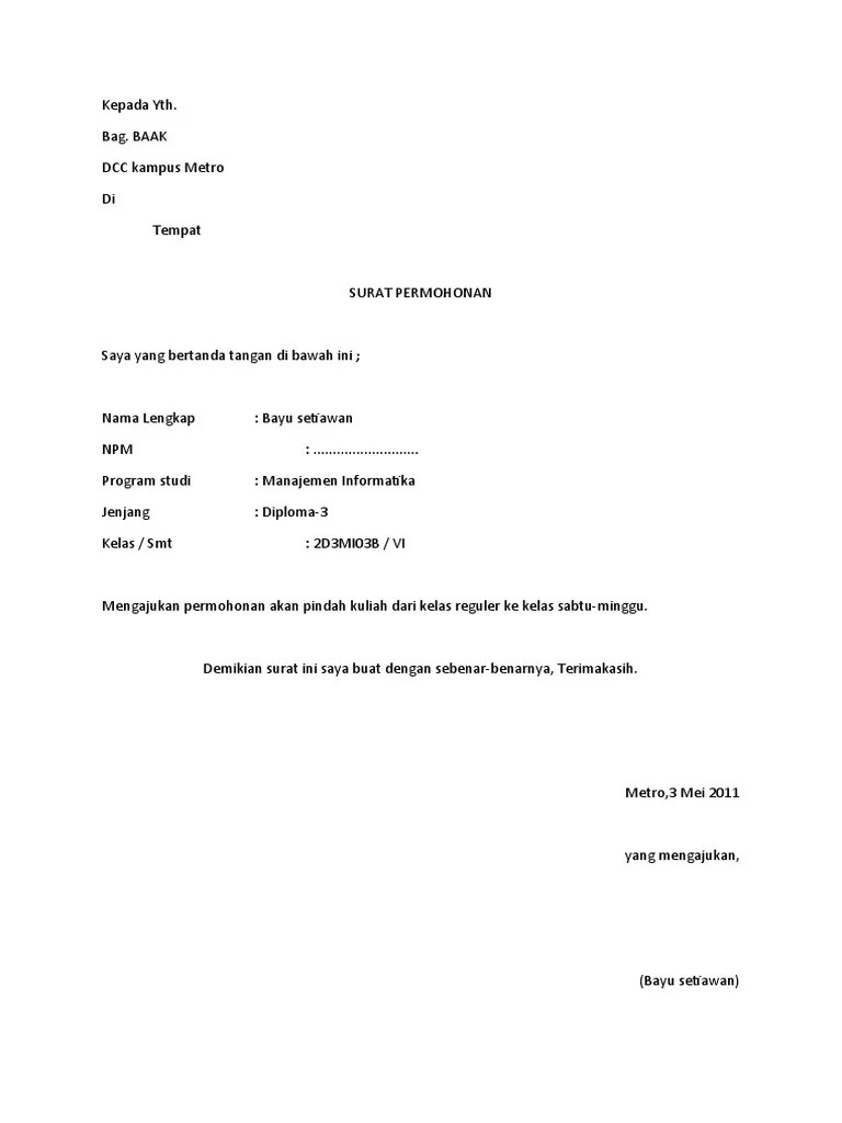 Contoh Surat Permohonan Mahasiswa Teknik 