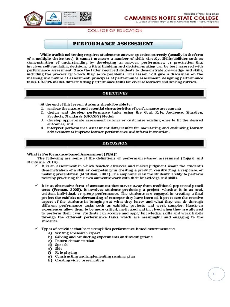 Lesson 5 What And Why Of Performance Assessment | PDF | Educational ...