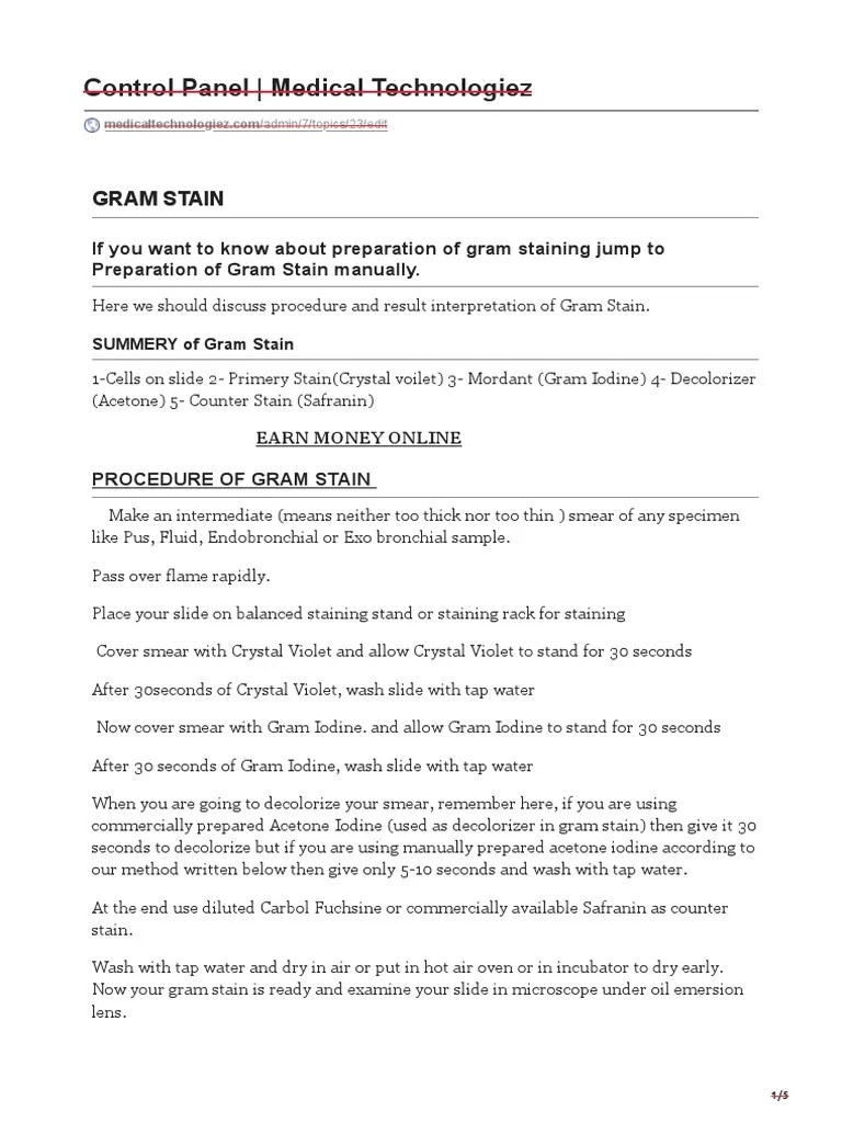 Procedure Of Gram Stain | PDF | Staining | Gram Positive Bacteria