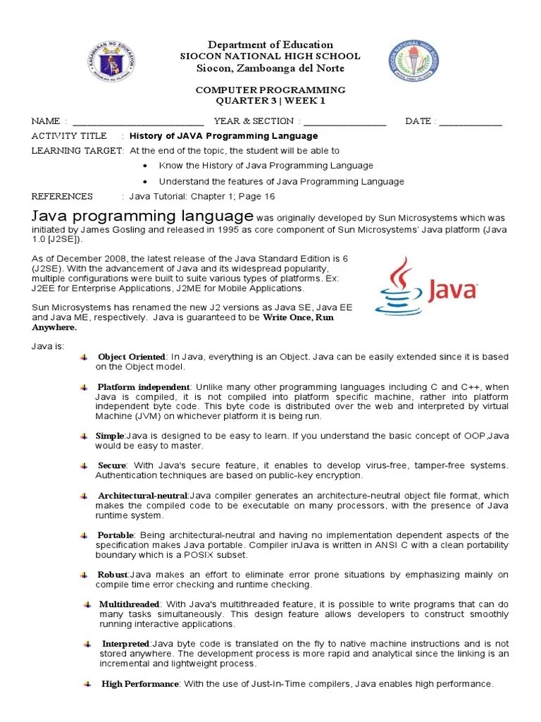 Week - 1 - History Of JAVA Programming Language | PDF | Java (Programming Language) | Computing ...