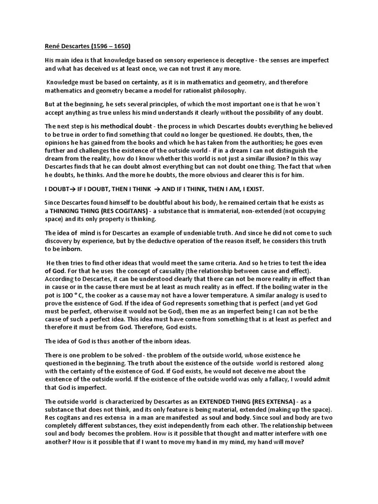 Descartes' Method Of Systematic Doubt And His Dualist Philosophy Of Mind And Body | PDF | René ...