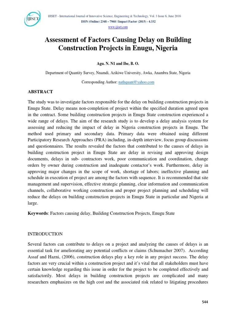 Assessment Of Factors Causing Delay On Building | PDF | Consultant ...