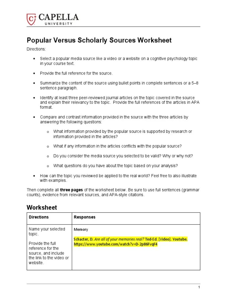 Popular Versus Scholarly Sources Worksheet | PDF | Memory ...