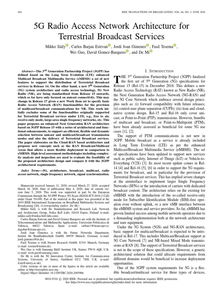5G Radio Access Network Architecture For Terrestrial Broadcast Services | PDF | Multicast ...