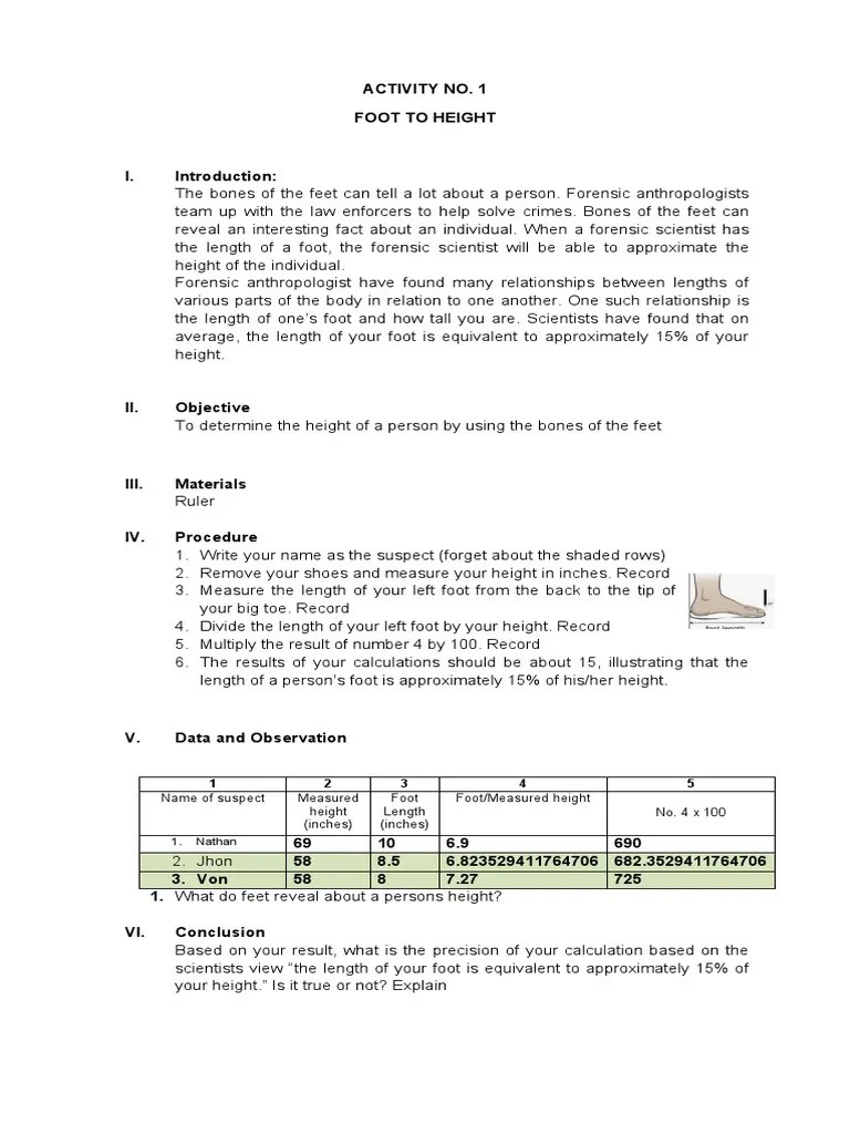 ACTIVITY NO. 1 - Forensic Chemistry Lab | PDF | Foot (Unit) | Foot