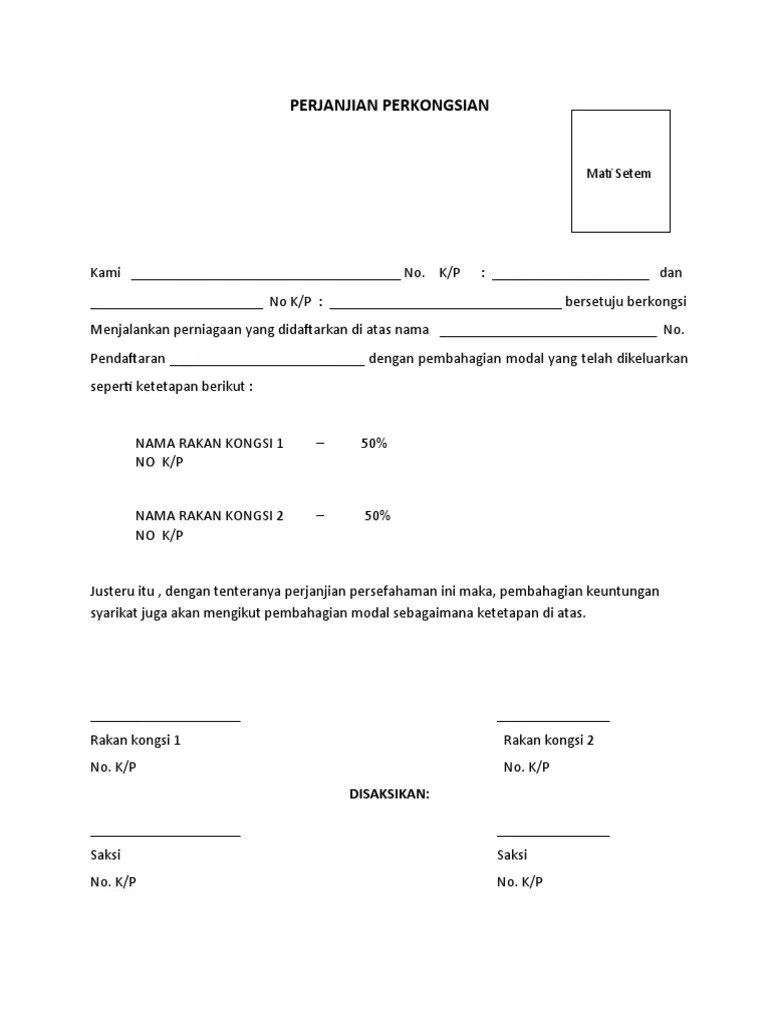 Surat perjanjian bagi docx surat perjanjian bagi perkongsian perniagaan perjanjian ini diperbuat pada 8 hari bulan 4 tahun 2018 antara nurul athirah course hero. PERJANJIAN PERKONGSIAN