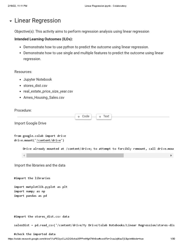MUNAR - Linear Regression - Ipynb - Colaboratory | PDF | Coefficient Of ...