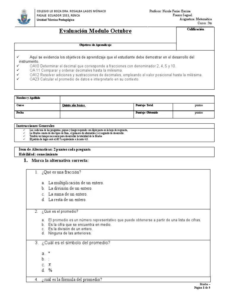 Evaluacion Modulo De Octubre 5to | PDF | Decimal | Matemáticas