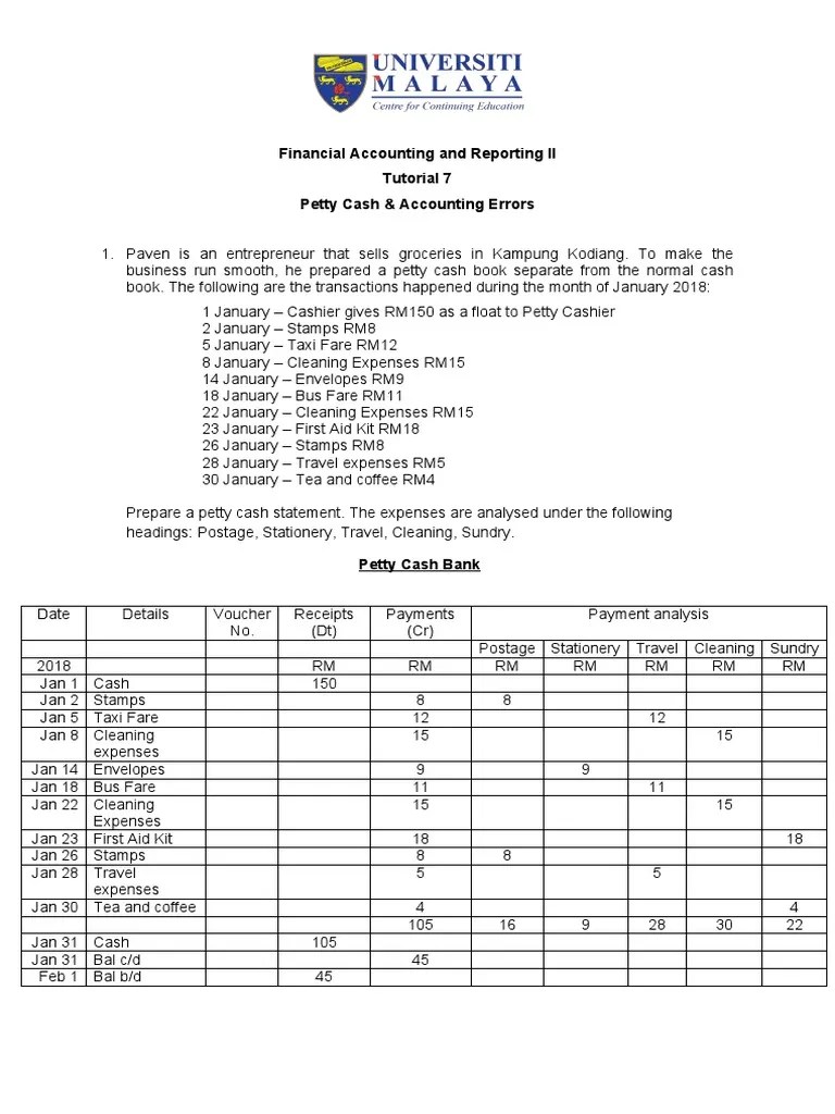 Tutorial 7 Petty Cash Book Questions | PDF | Debits And Credits | Banking