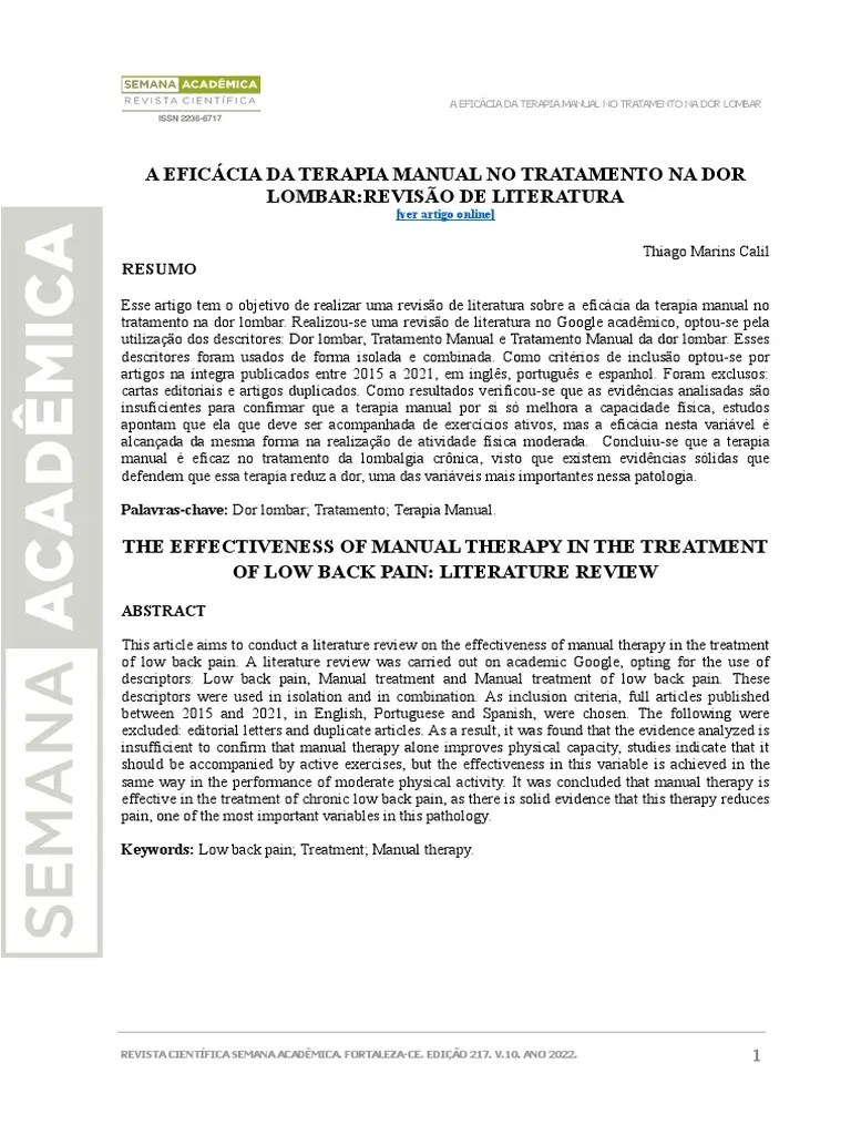 A Eficácia Da Terapia Manual No Tratamento Na Dor Lombar | PDF | Dor | Coluna Vertebral