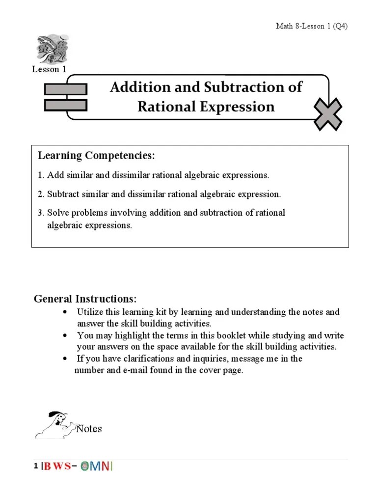Addition And Subtraction Of Rational Expression: Learning Competencies | PDF | Rational Number ...