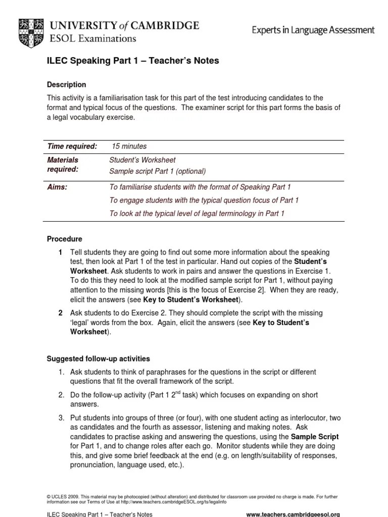 Ilec Speaking Part 1 | PDF | Question | Test (Assessment)
