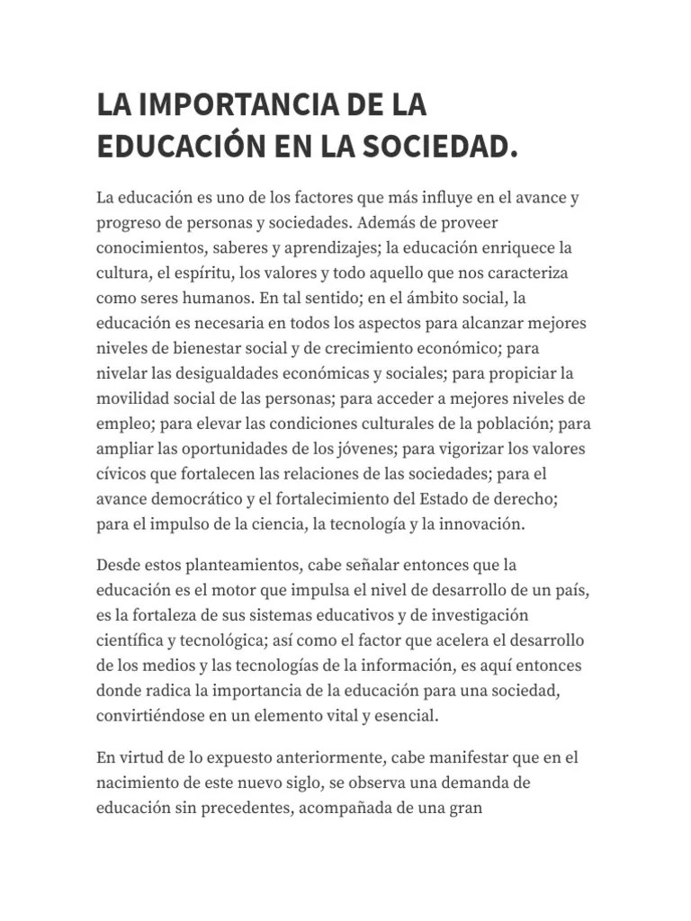 La Importancia De La Educación En La Sociedad | PDF | Sociedad ...
