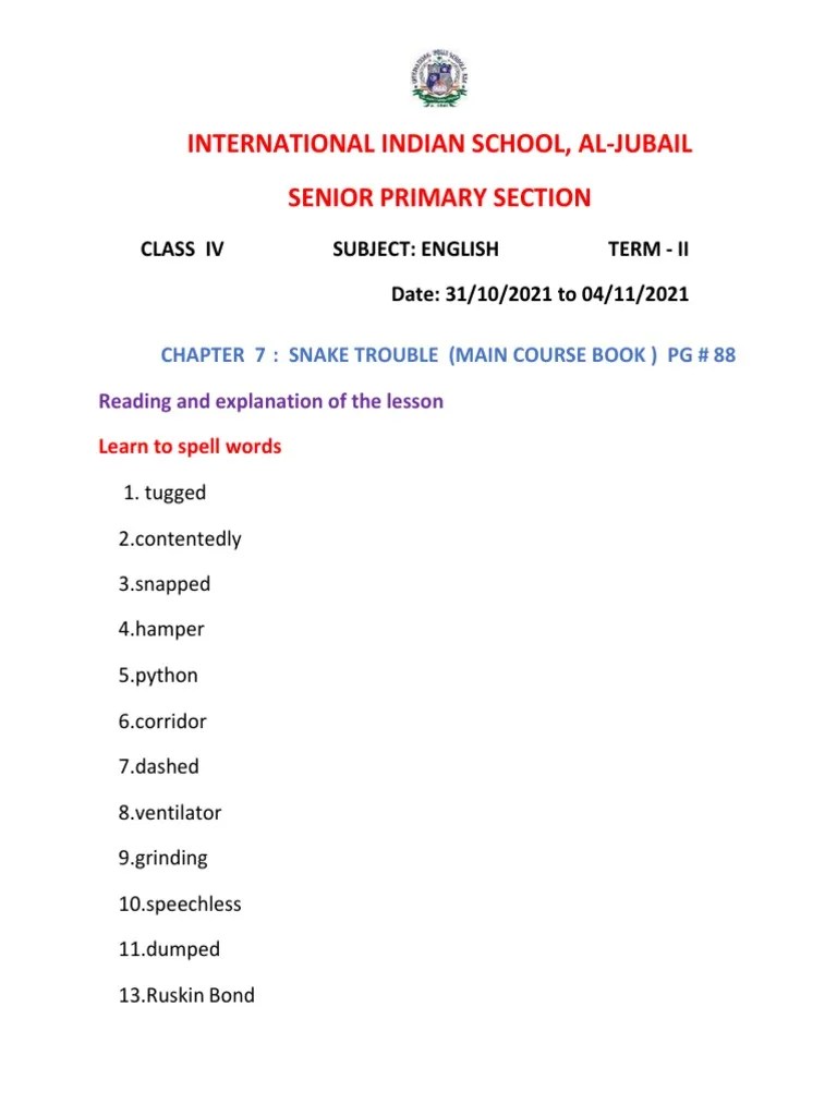 Class 4 English Notes-Term 2-Snake Trouble | PDF