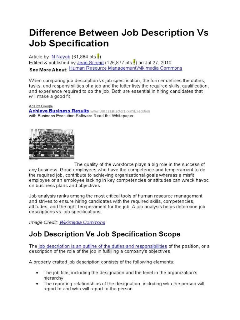Difference Between Job Description And Job Specification