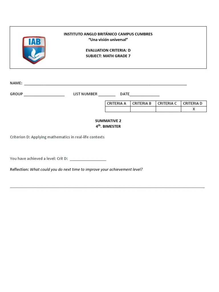IB Math I Summative Assessment Criteria D 3D Shapes | PDF | Mathematics | Mill (Grinding)