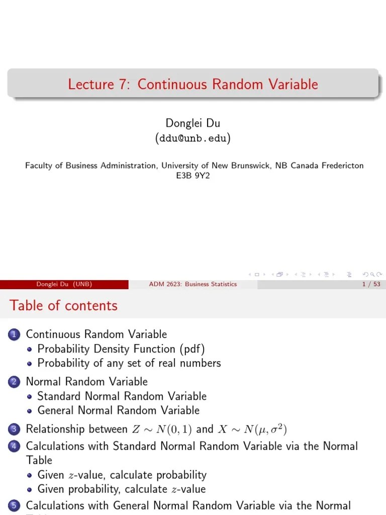 Lecture 7: Continuous Random Variable: Donglei Du (Ddu@unb - Edu) | PDF ...