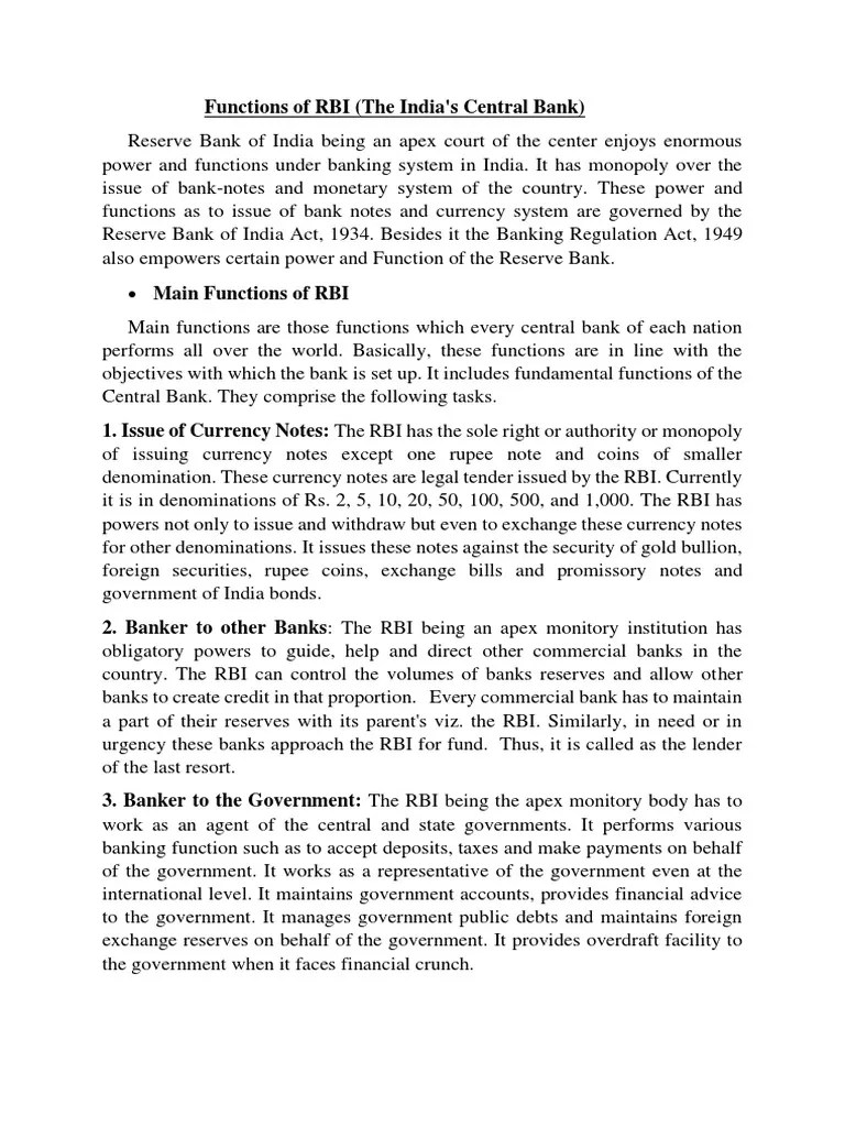 Functions Of RBI | PDF | Reserve Bank Of India | Banks