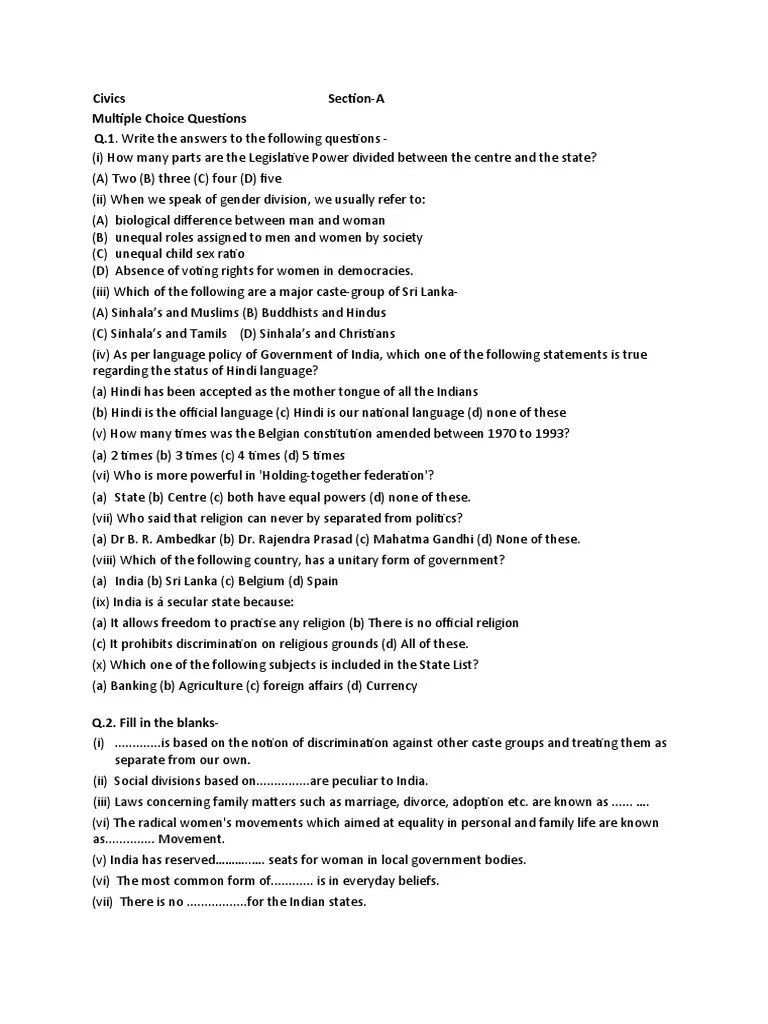 Civics Section-A Multiple Choice Questions Q.1. Write The Answers To The Following Questions ...