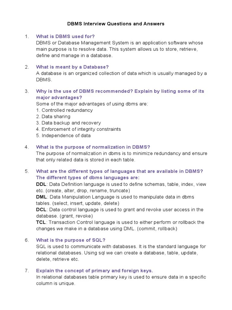 DBMS Interview Questions - Answers | PDF | Databases | Relational Model