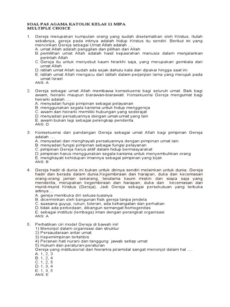 Soal Uas Agama Katolik Kelas Xi | PDF