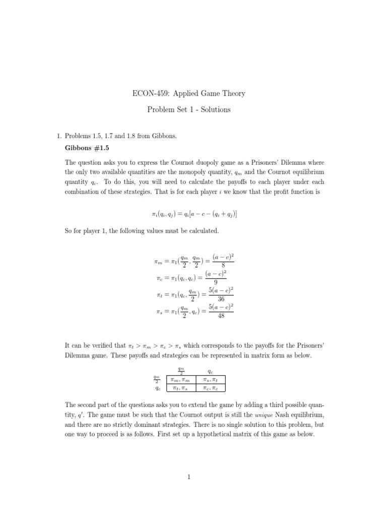 ECON-459: Applied Game Theory Problem Set 1 - Solutions | PDF | Mathematical And Quantitative ...