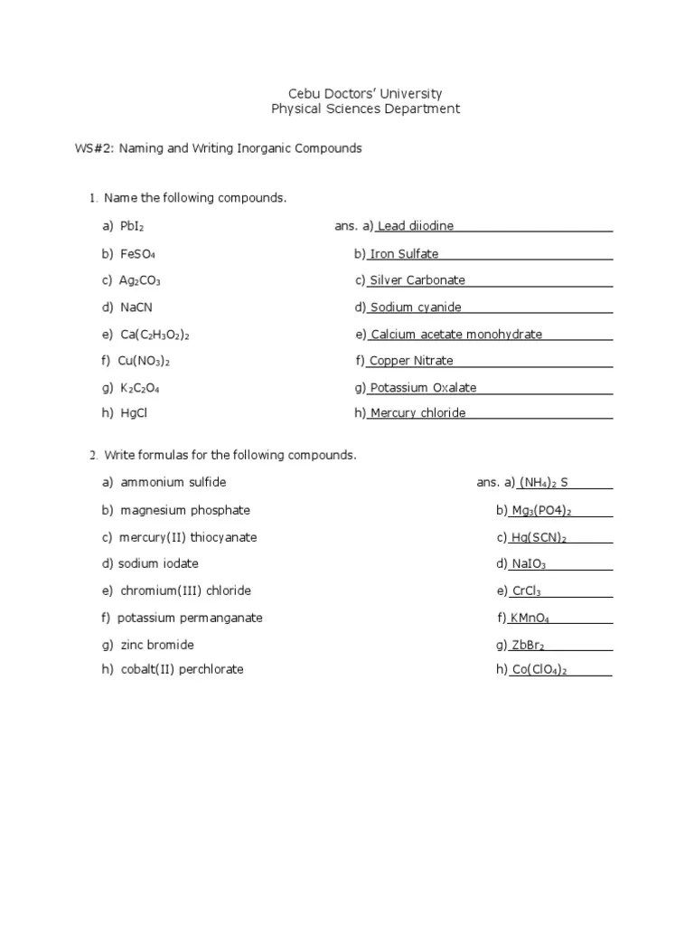 WS#2 Naming And Writing Inorganic Compounds | PDF | Hydroxide | Oxide