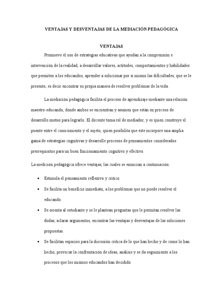 VENTAJAS Y DESVENTAJAS DE LA MEDIACIÓN PEDAGÓGICA | PDF | Aprendizaje | Mediación