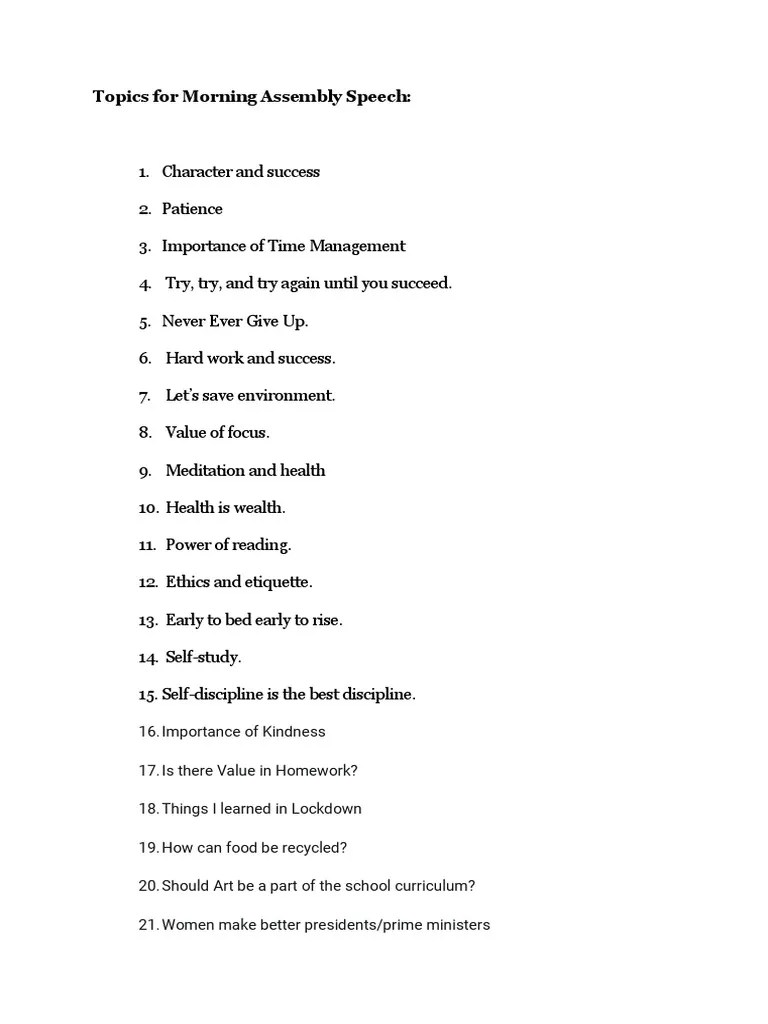 Topics For Morning Assembly Speech | PDF