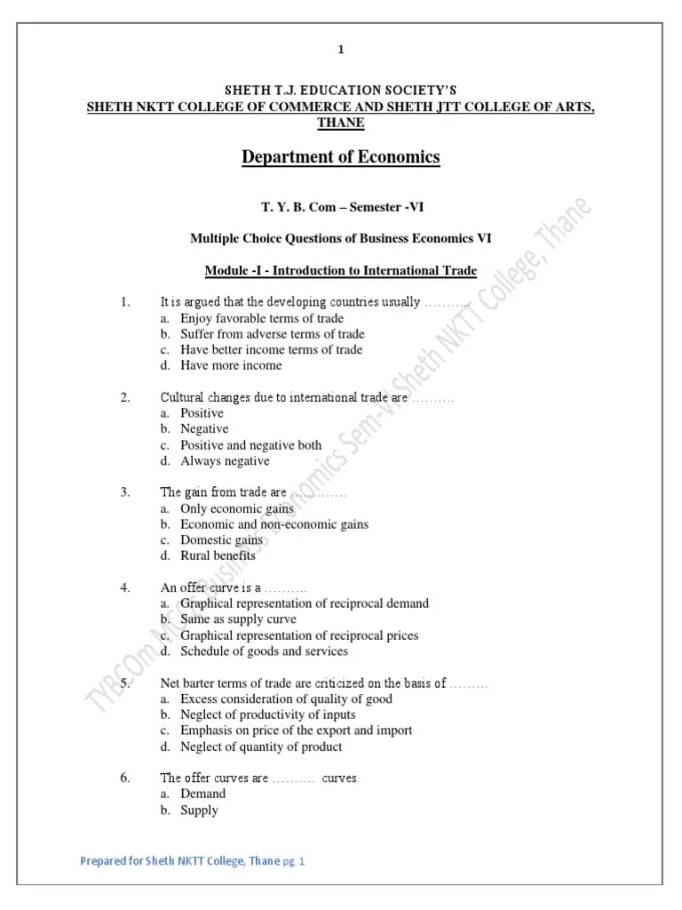 TYBCOM - Sem VI - MCQs Of Business Economics VI | PDF | Balance Of Payments | Exchange Rate