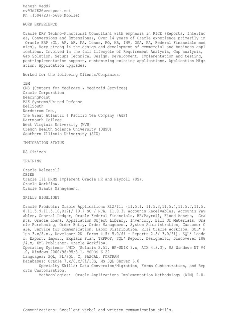 Senior Oracle ERP 11i / R12 Consultant | PDF | Oracle Database | Accounts Payable