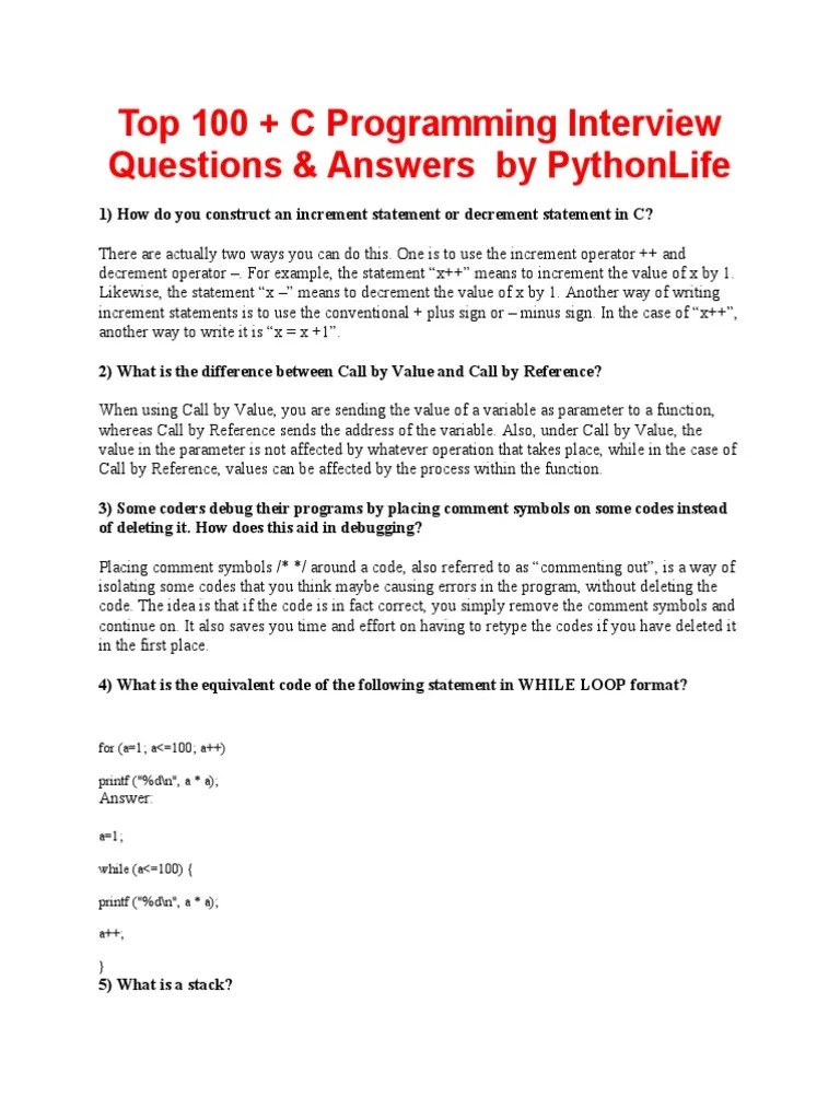 Top 100 + C Programming Interview Questions & Answers | PDF | Pointer ...