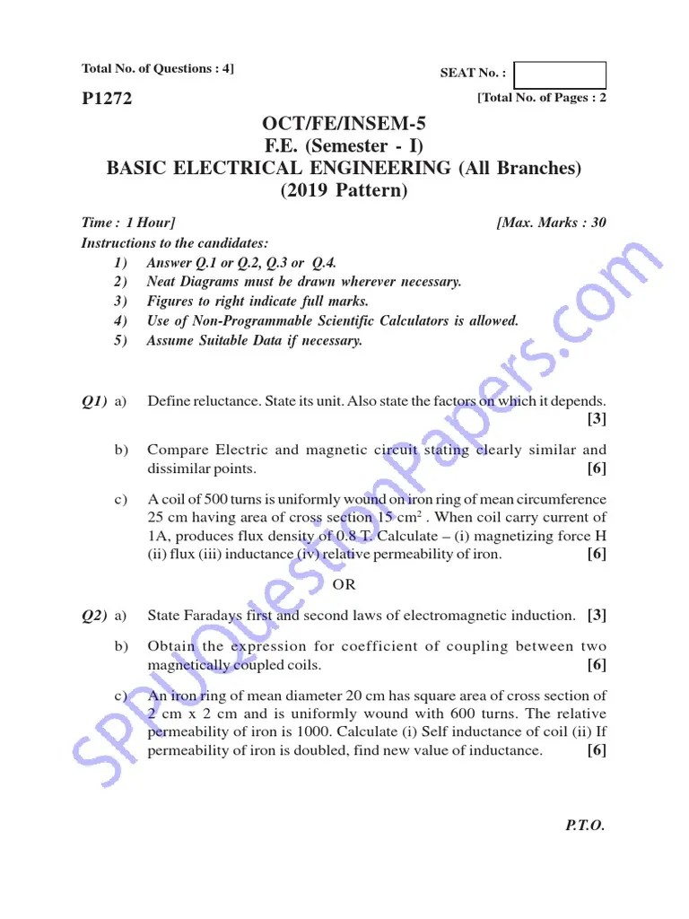 Be First Year Fe Engineering Semester 1 2019 October Basic Electrical ...
