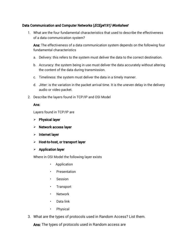 Data Communication And Computer Networks Worksheet - 060121154325 | PDF | Computer Network | Osi ...
