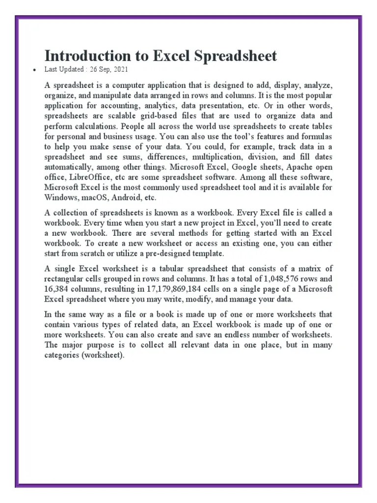 Introduction To Excel Spreadsheet | PDF | Spreadsheet | Microsoft Excel