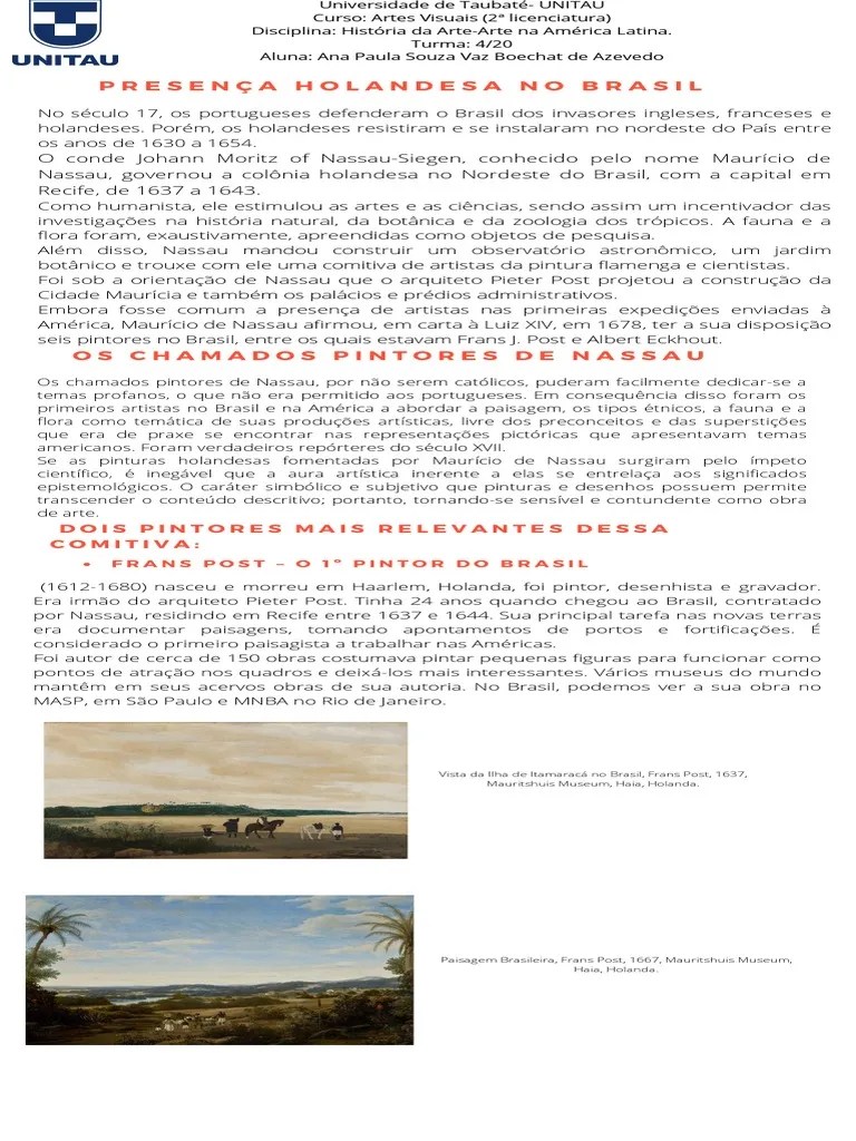 ATIVIDADE ARTE Atividade 2 A Presença Holandesa No Brasil | PDF | Brasil