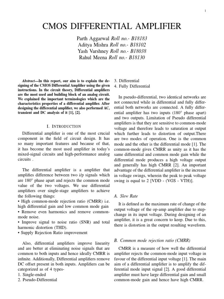 Cmos Differential Amplifier | PDF | Amplifier | Mosfet